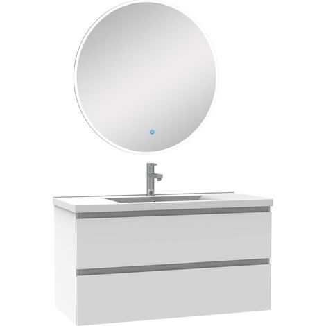 Ensemble meubles Salle de Bain Blanc 100cm simple vasque + miroir lumineux rond (1/4)