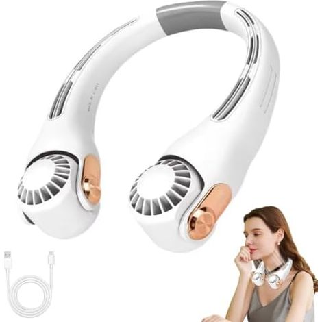 Geräuscharmer für den Sommer Tragbarer Nackenlüfter, 360° Drehbar Nackenventilator mit 3 Geschwindigkeiten, Hals Ventilator Wiederaufladbar, Leise Persönlicher Ventilator für Outdoor, Reisen (Weiß) (1/5)