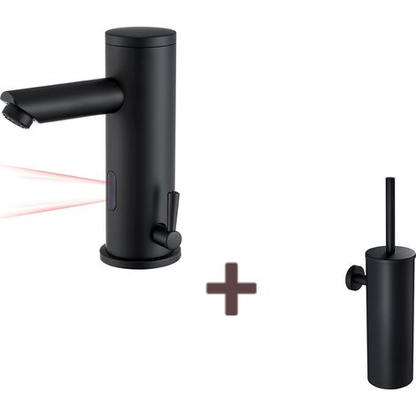 Auralum Robinet de lavabo infrarouge Noir entièrement automatique+Brosse Toilettes WC Suspendu avec Support de Brosse, Acier INOX,Noir (1/5)