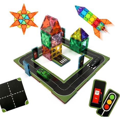 Ensemble Relaxdays 72 pcs blocs magnétiques, routes, voitures & panneaux, jouet éducatif dès 3 ans, ABS noir (1/5)