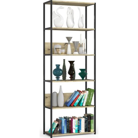Bücherregal AKORD Metallregal mit Ebenen aus Holzwerkstoff Schwarz Breite 70 cm 6 Ebenen Eiche Artisan B70 x H192 x T32 cm (1/5)
