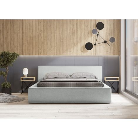 Lit coffre VELORA – Weiß gekräuselt – 140x200 cm – Stoff in Wolloptik – Lattenrost hochklappbar – Integrierter Stauraum