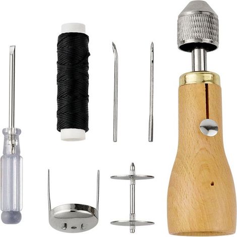 Wooden handle – sewing awl – hand stapler – leather repair tool – with needle – sewing thread – screwdriver – adjustable wrench (1/5)