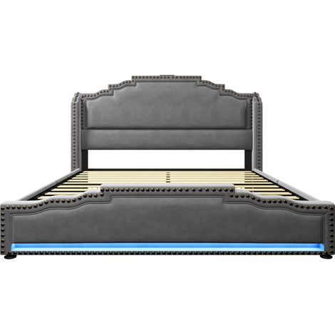 Lit capitonné 140x200, double avec 4 tiroirs, LED et USB-C, lit coffre et ado avec sommier, velours, gris, matelas non inclus, gain de place, pour chambre adulte (1/5)