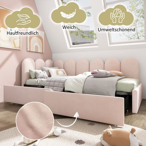 Lit capitonné, lit simple avec tiroirs, lit coffre, méridienne en velours, lit de jour, canapé-lit 90x200cm avec sommier à lattes, lit enfant et adulte, rose (sans matelas) (1/5)