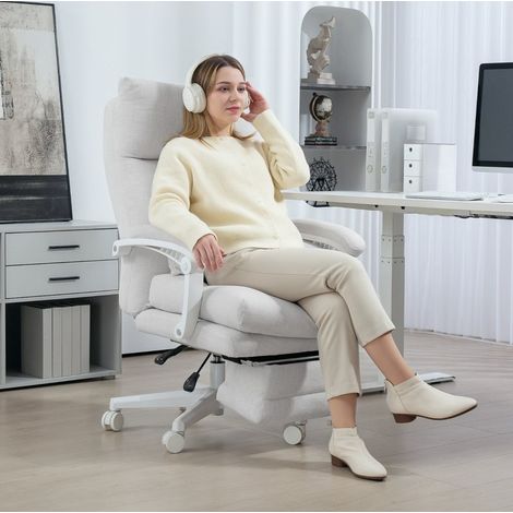 Silla de oficina ergonómica reclinable con reposapiés, altura regulable, blanco crema (1/5)