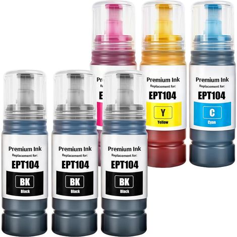 Encre 6-Multipack Compatible pour Epson 104 Encre ET-2810 ET-2815 ET-2820 ET-2825 ET-2870 ET-2710 ET-2711 ET-2712 ET-2714 ET-2715 ET-2720 ET-2721 ET-2726 ET-4700 ET-4800 Imprimante (3BK/C/M/Y) (1/5)