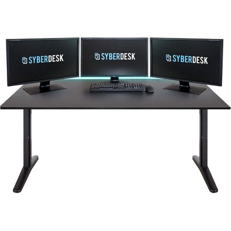 Bureau gamer ULTRA XXL 165 x 68 cm – Hauteur réglable 74-75 cm – Système LED avec télécommande – Gestion des câbles intégrée – Noir – Syberdesk (1/5)