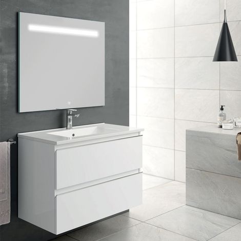Meuble de salle de bain simple vasque - 2 tiroirs - blanc - BALEA et miroir Led VELDI - 80cm (1/5)