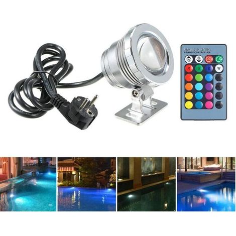 Lumière de Piscine 10W aveCôtélécommande 4 Modes RGB IP66 85-265V Spot LED Aquarium Lampe sous-Marine Eclairage Submersible Projecteur Lampe Extérieure pour Etangs Fontaines Lac du Parc