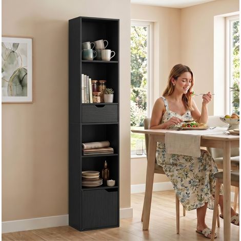 Bibliothèque étroite avec tiroir, placard, quatre compartiments ouverts et étagère réglable, meuble vertical en panneau de particules noir pour salon ou bureau – CHICFURN (1/5)