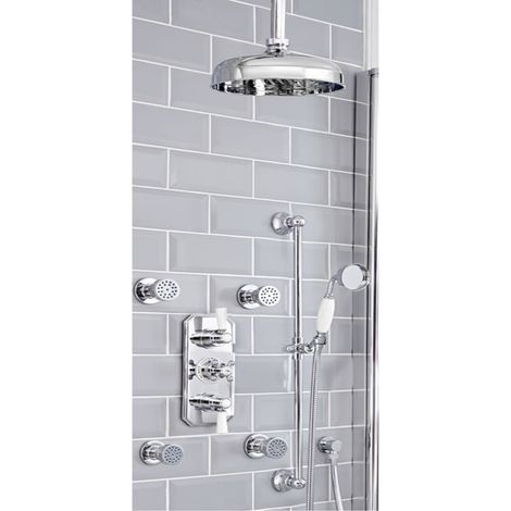 Milano Elizabeth 3 Outlet Triple Diverter Thermostatic Mixer Shower Valve with 205mm Round Rainfall Shower Head Body Jets and Riser Rail Kit - Chrome & White (1/5)