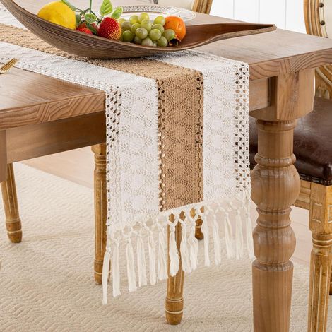 Tischläufer Braun Beige mit Quasten 30x180cm Boho Landhausstil Baumwollleinen