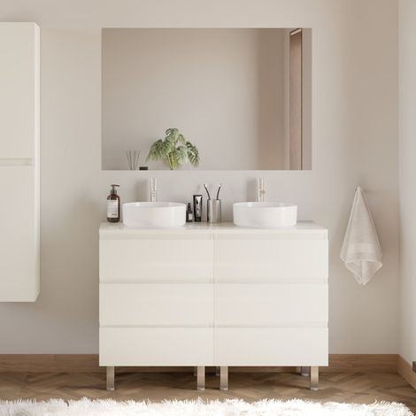 Meuble de salle de bain 120cm avec plateau et 2 vasques à poser rondes - 6 tiroirs - blanc brillant - MAYOR