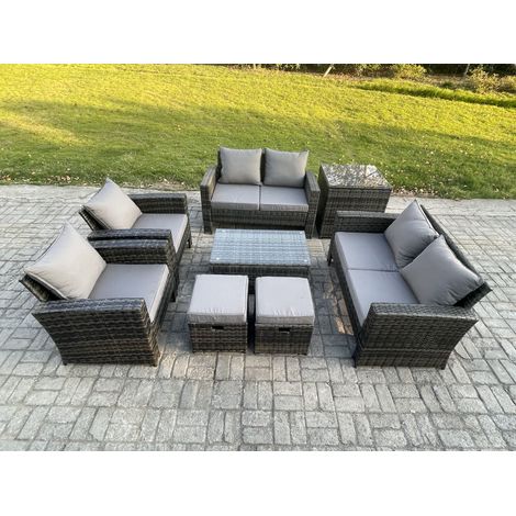Fimous Garden Furniture Sets 8 Pieces Outdoor Rattan Furniture Manual Wicker Patio Sofa Chair Set with Coffee Table Side Table 2 Small Footstools Dark Grey Mixed (1/5)
