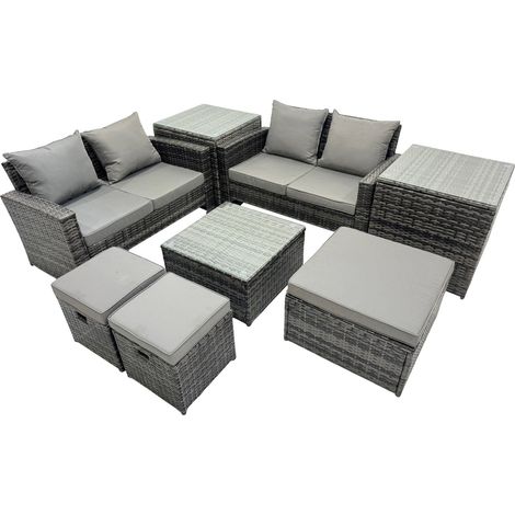 Fimous PE Rattan Garden Furniture Set Lounge Double Seat Sofa Coffee Table Set with 2 Side Tables 3 Stools Dark Grey Mixed (1/5)