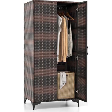 GOPLUS Armoire Penderie en Osier avec 4 Cubes de Rangement, Tige de Suspension, Conception en Rotin PE, Armoire de Rangement Intérieur Extérieur, 72x50x157cm (Marron mélangé) (1/5)