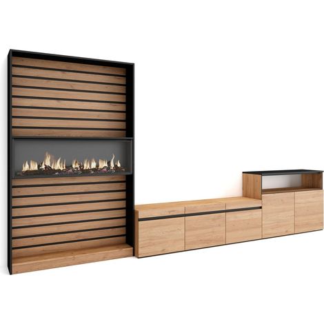 Skraut Home – Ensemble meuble TV moderne avec cheminée électrique – Dimensions 360x35x186cm – Pour TV jusqu'à 65" – Chêne et noir (1/5)
