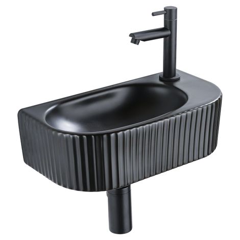 QeramiQ Fuente Ensemble de lavabo - 40x21.5x12cm - droite - nervuré - demi-rond - 1 trou de robinet - céramique - robinet de lavabo noir mat - bonde - (1/5)