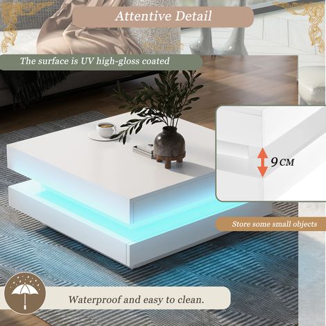 Table basse carrée blanche brillante avec plateau rotatif 360°, style moderne techno, LED intégrée, 70x70x36 cm, meuble salon design, pièce unique (1/5)