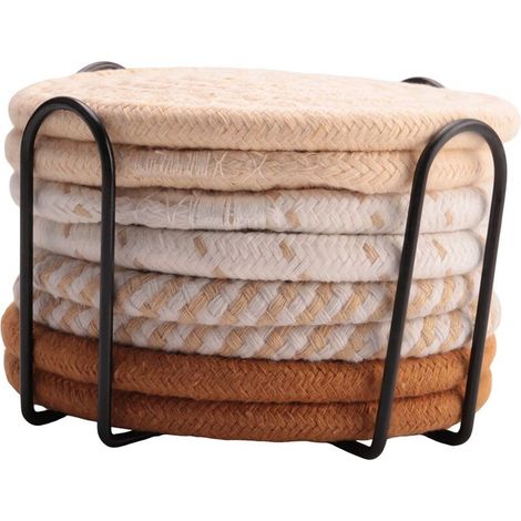 Lotda 8 posavasos con soporte, posavasos absorbentes en 4 colores para bebidas, posavasos de algodón tejido Ensembleda para decoración (1/4)