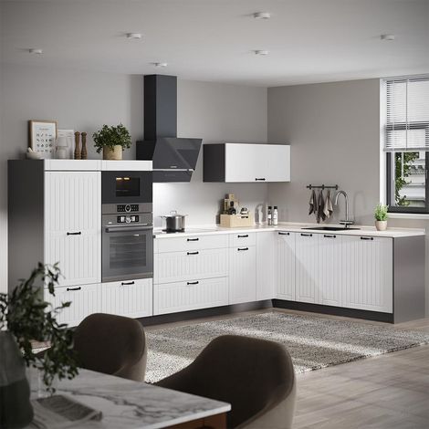 Cocina esquinera Fame-Line, Blanco casa de campo/Antracita, 347 x 207 cm sin encimera, Vicco (1/5)