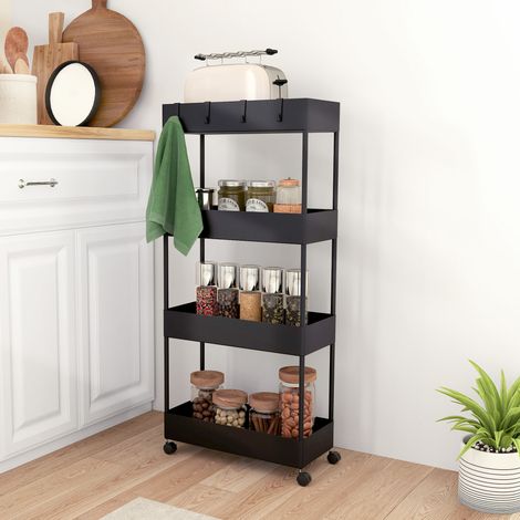 4-stöckiger Küchenwagen, Beistellwagen mit Rollen, 4 Körben und 4 abnehmbaren Haken für das Wohnzimmer, 40 x 19 x 90 cm, Schwarz