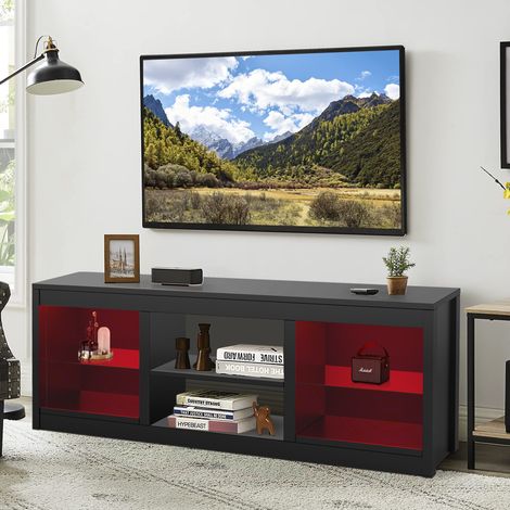 Parrot Uncle TV Stand for 75 Inch TV, Black Modern Media Console with RGB LED Lights and Glass Display Cabinets, Storage Entertainment Centre for Living Room