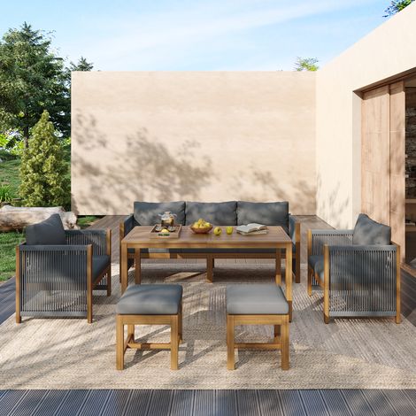 Salle à manger de jardin, salon de jardin 6 pièces : canapé 3 places, 2 fauteuils, 2 tabourets, table, plateau acacia, gris