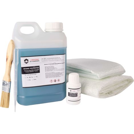 Kit résine polyester 2 kg avec catalyseur, mat de verre 2 m² 300 g/m² et roving 300 g/m² pour réparation et stratification (1/5)
