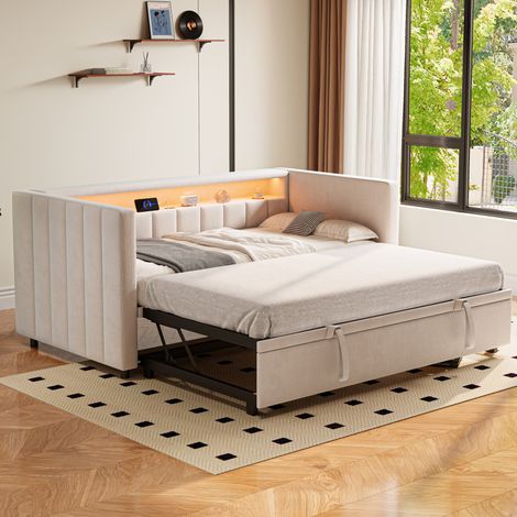 Lit banquette gigogne en velours beige 90x190 cm, tête de lit capitonnée, LED et port USB-C (1/5)