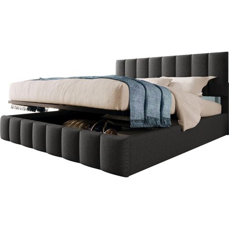 Lit coffre 140x200 avec matelas inclus, tête de lit réglable, revêtement tissu gris, cadre en métal, sommier à lattes et rangement pour chambre – CHICFURN (1/5)