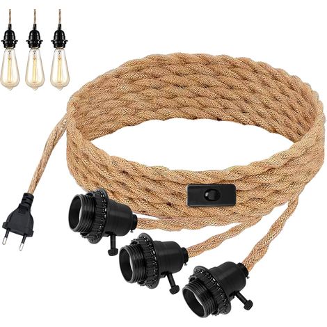 Suspension en Corde de Chanvre: Suspension à Douille E27 avec Prise, Suspension 3 Lumières avec Câble de 6.8m et Interrupteur, Suspension Industrielle en Corde de Chanvre (1/5)