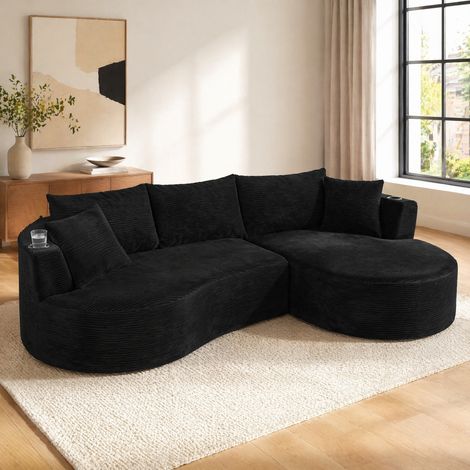 Divano 3 posti 264x168x76 cm nero, chaise longue destra e portabicchieri, tessuto a coste MEUBLIV (1/5)