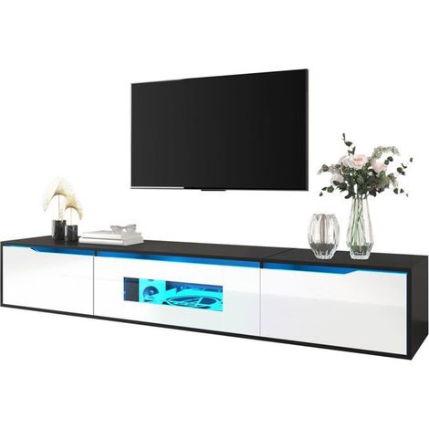 Meuble tv led 180 cm éclairage à couleurs changeantes finition brillante coloris noir et blanc port usb fixation murale (1/5)