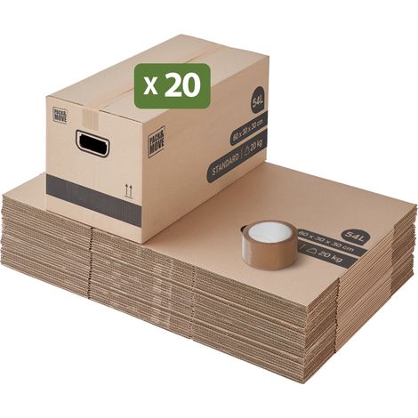 Lot de 20 cartons déménagement 60 x 30 x 30 cm – Poignées renforcées – Carton renforcé pour protection optimale – Pack And Move