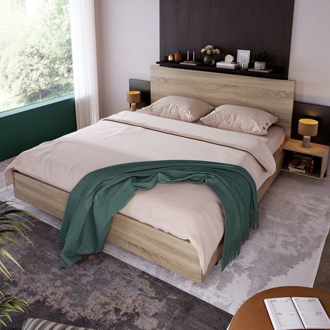 Lit double en bois Ensemble lit 160x200 cm avec 2 chevets Lit moderne incl. 2 tables de nuit Chambre à coucher complète-205.5x235x76.5 cm(P/L/H) Set en chêne Sonoma/gris foncé