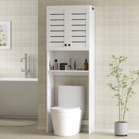 Badezimmerschrank mit integriertem WC-/Waschmaschinenfach und Doppeltürschrank, Lamellentüren, 67 x 31,5 x 190 cm, weiß