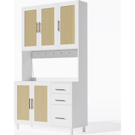Weißes Küchenbuffet 100 x 40 x 183 cm mit APP-LED, 2 Steckdosen, 2 USB, 3 Schubladen (1/5)