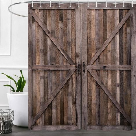 Cortina de ducha rústica de madera con diseño de puerta de granero, cortina de ducha vintage de poliéster impermeable estilo granja, 72x72 pulgadas, con ganchos.