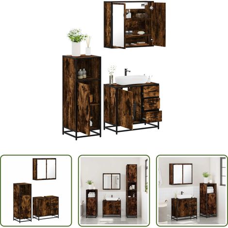 vidaXL Spiegel Schrank -  3-tlg. Badmöbel-Set Räuchereiche Holzwerkstoff (1/5)