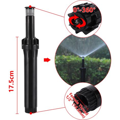 Arroseur escamotable enterré (17,5 cm) à filetage femelle 1/2", type de levage automatique 360°, buse à jet diffusant, dispositif d'irrigation pour pelouse verte (1/5)