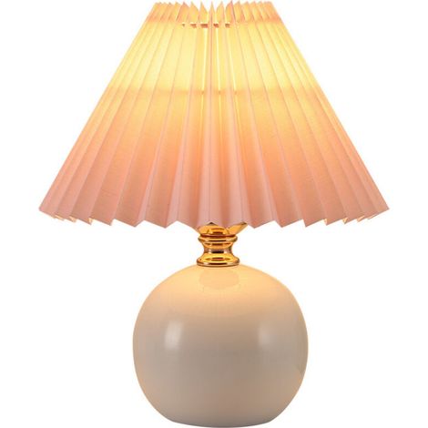 Lampe de chevet nordique, petite lampe de table lumière chaude E27, abat-jour en tissu plissé base en céramique, céramique blanche + abat-jour rose (1/3)