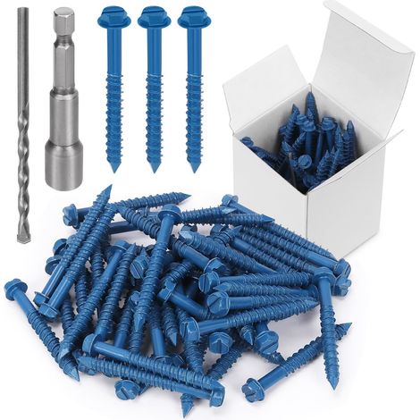 Lot de 52 vis à béton à tête hexagonale fendue de 6,35 mm x 8,9 cm avec douille hexagonale et assortiment de forets, vis à ciment autotaraudeuses pour ancrage (1/4"×2-1/4") (1/5)