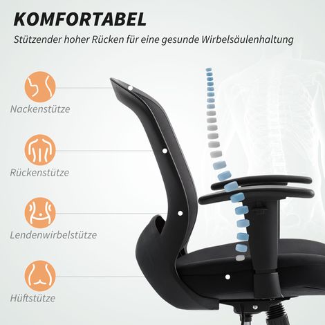 Chaise de travail en filet réglable, dossier en mesh, à roulettes, fonction inclinable, noire (1/4)