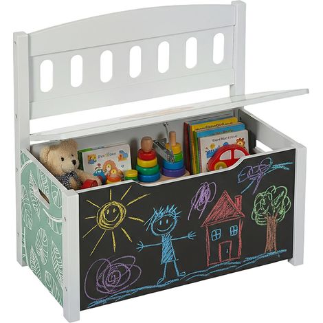 Relaxdays children's storage bench with blackboard, backrest, HxWxD: 55.5 x 57 x 30 cm, lion motif, toy box, colourful