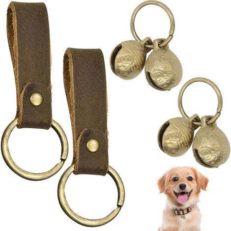 Set di 2 campanelli in ottone e 2 accessori in pelle per collari per cani, campanello potente per animali domestici, ciondolo anti-smarrimento per collari per gatti, portachiavi (1/5)