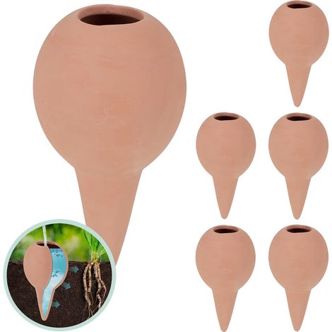 Relaxdays Sfere da Irrigazione a Goccia, Set da 6 Coni H x D: 11,5 x 6 cm, Irrigatore Automatico per Piante, Terracotta