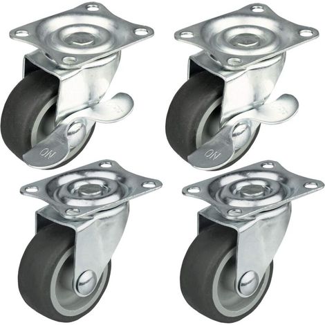 Juego de 4 ruedas giratorias para muebles con una capacidad de carga máxima de 25 kg / juego de ruedas giratorias para muebles con ruedas de Ø 50 mm, con freno. Carcasa de acero con ruedas.
