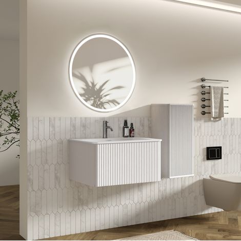 Ensemble meuble de salle de bain suspendu avec lavabo en pierre artificielle blanche, miroir LED réglable et colonne latérale, 80 cm (1/5)